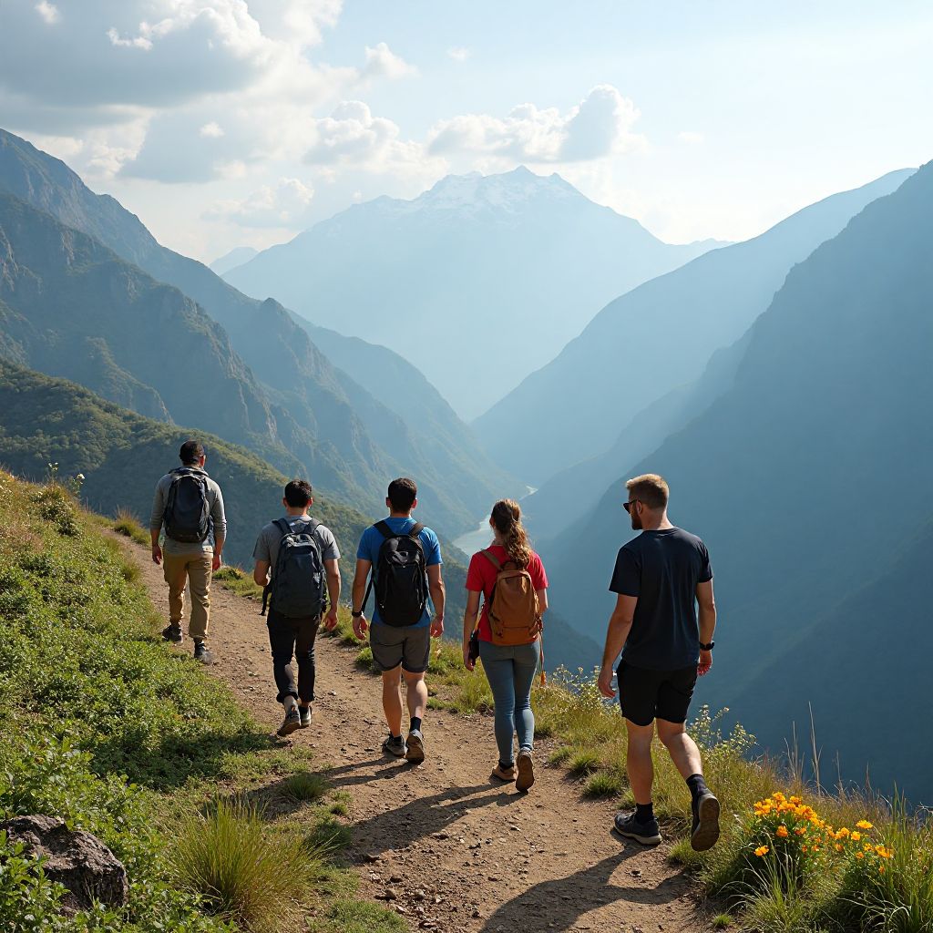 Group hiking through mountain trail