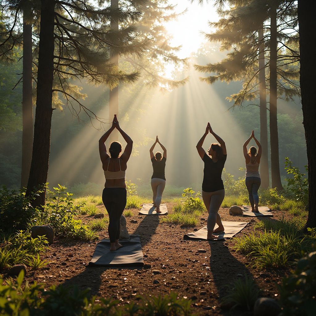 Yoga session in forest clearing